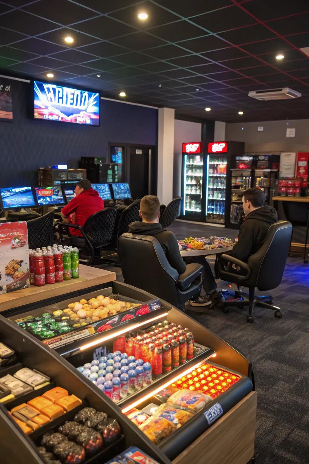 A snack station providing convenient access to refreshments during gaming sessions.