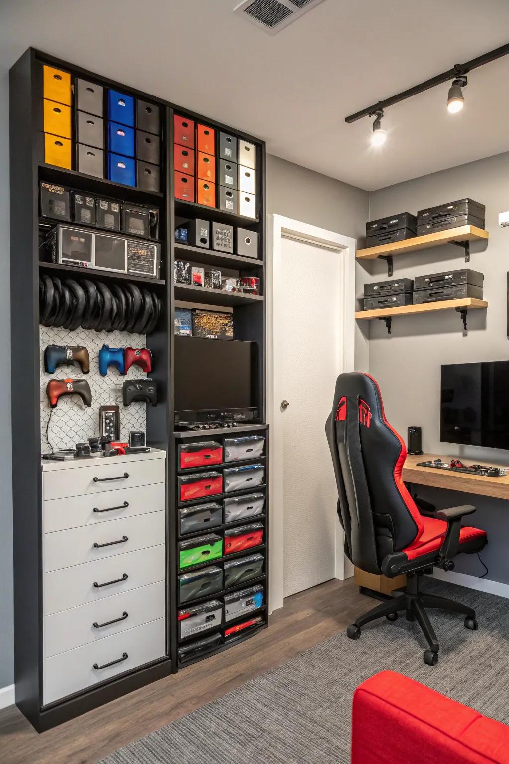 Wall storage keeps gear organized and accessible.