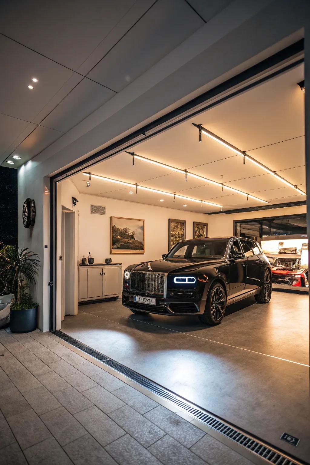 A garage designed to present a luxury car collection.