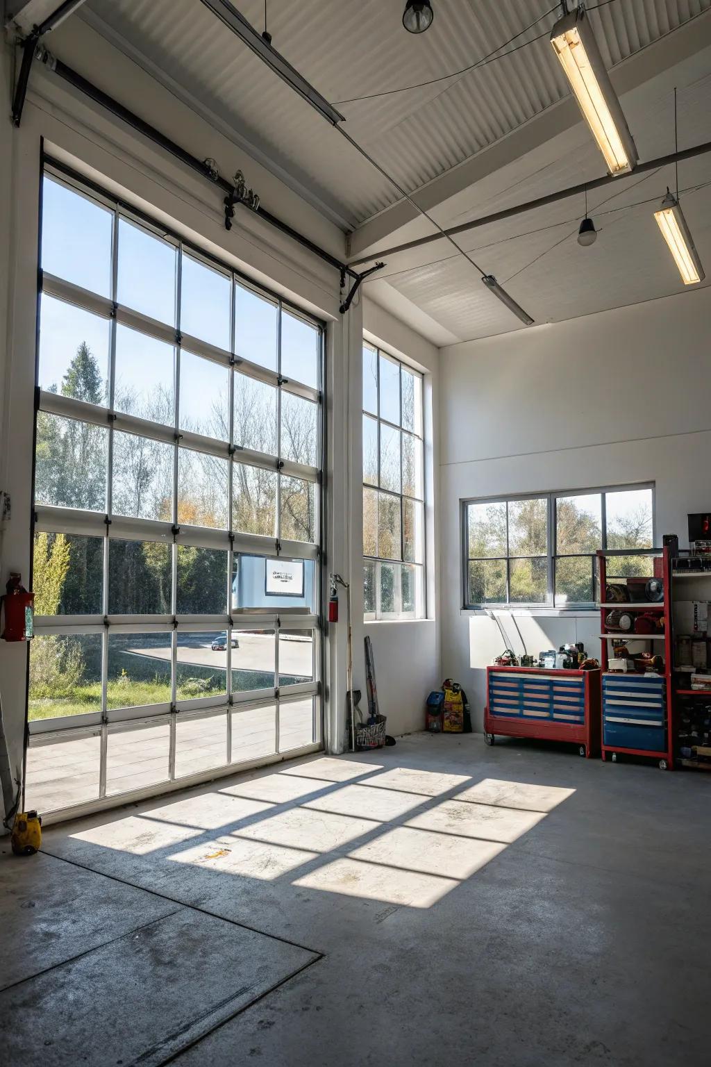 A well-ventilated garage space featuring strategically positioned windows.