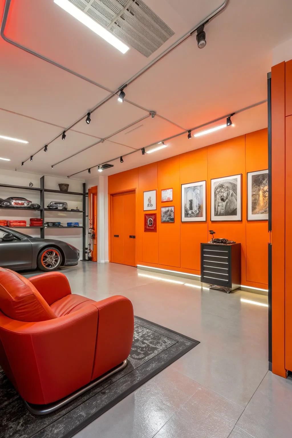 Energetic orange tones create a lively garage.