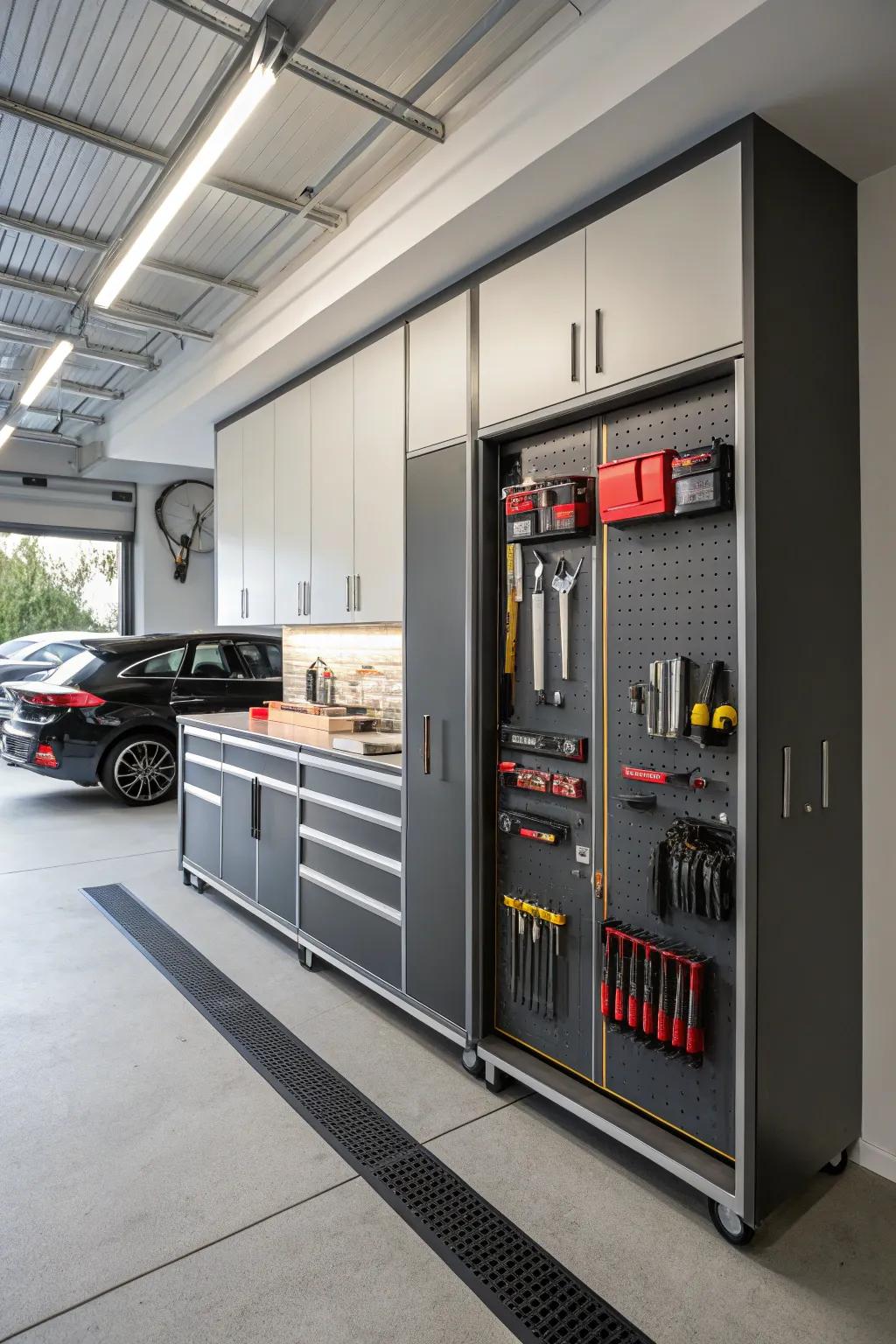 Adaptable cabinets provide customizable storage solutions.