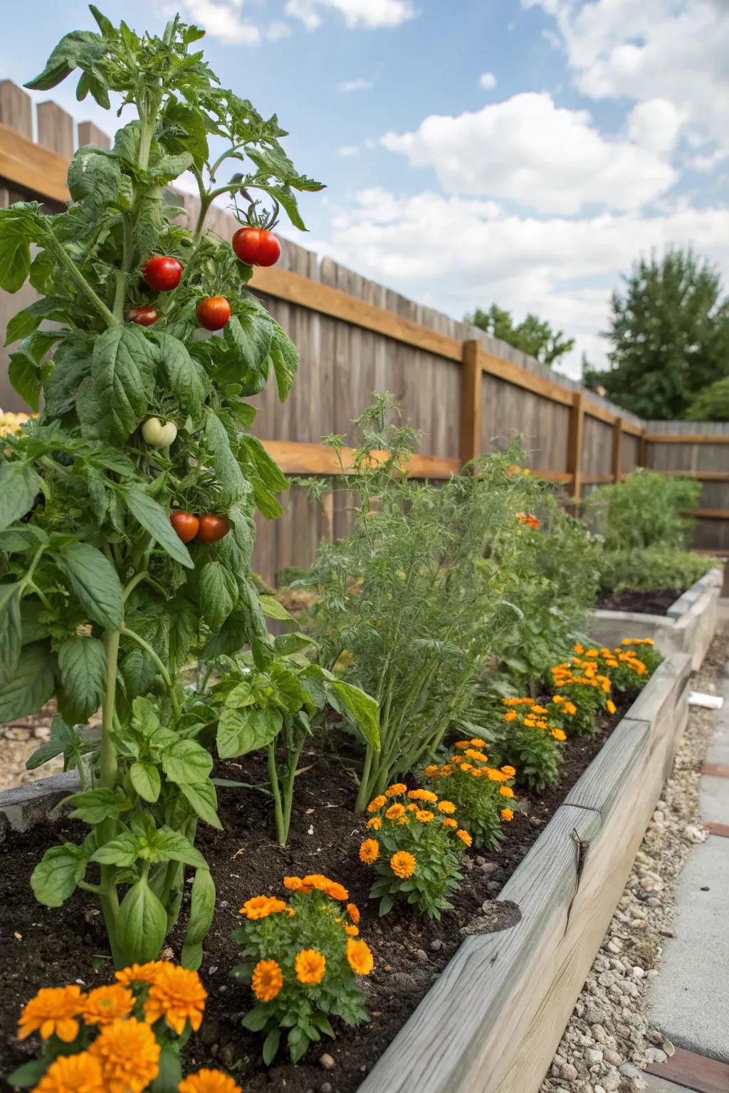 A group planting garden featuring tomatoes, basil, and marigolds.