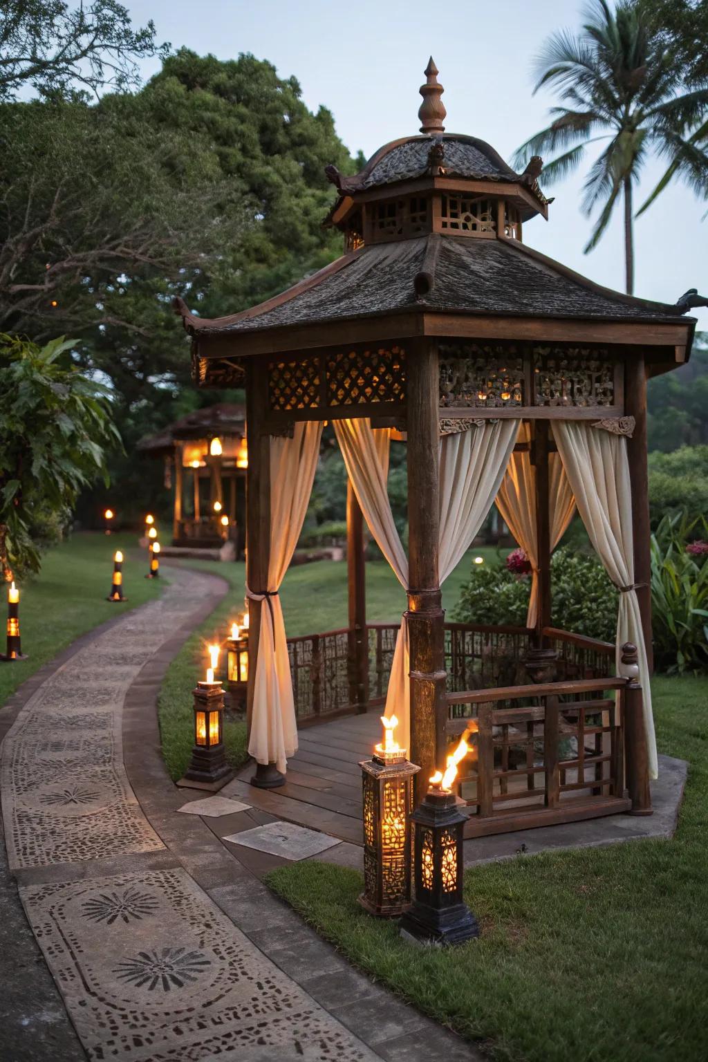 Blaze poles contributing a tropical accent to the gazebo.