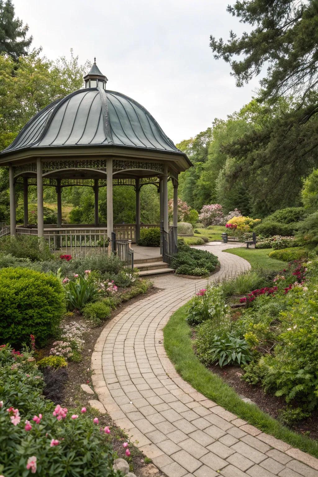 A gazebo with a sweeping roof, mirroring the garden's natural flow.