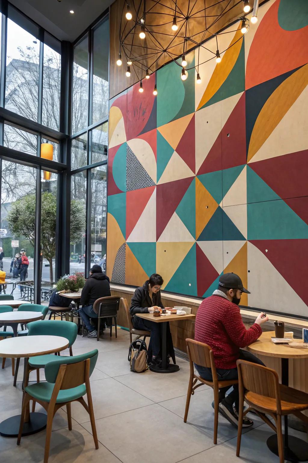A café featuring an artistic geometric mural as a focal point.