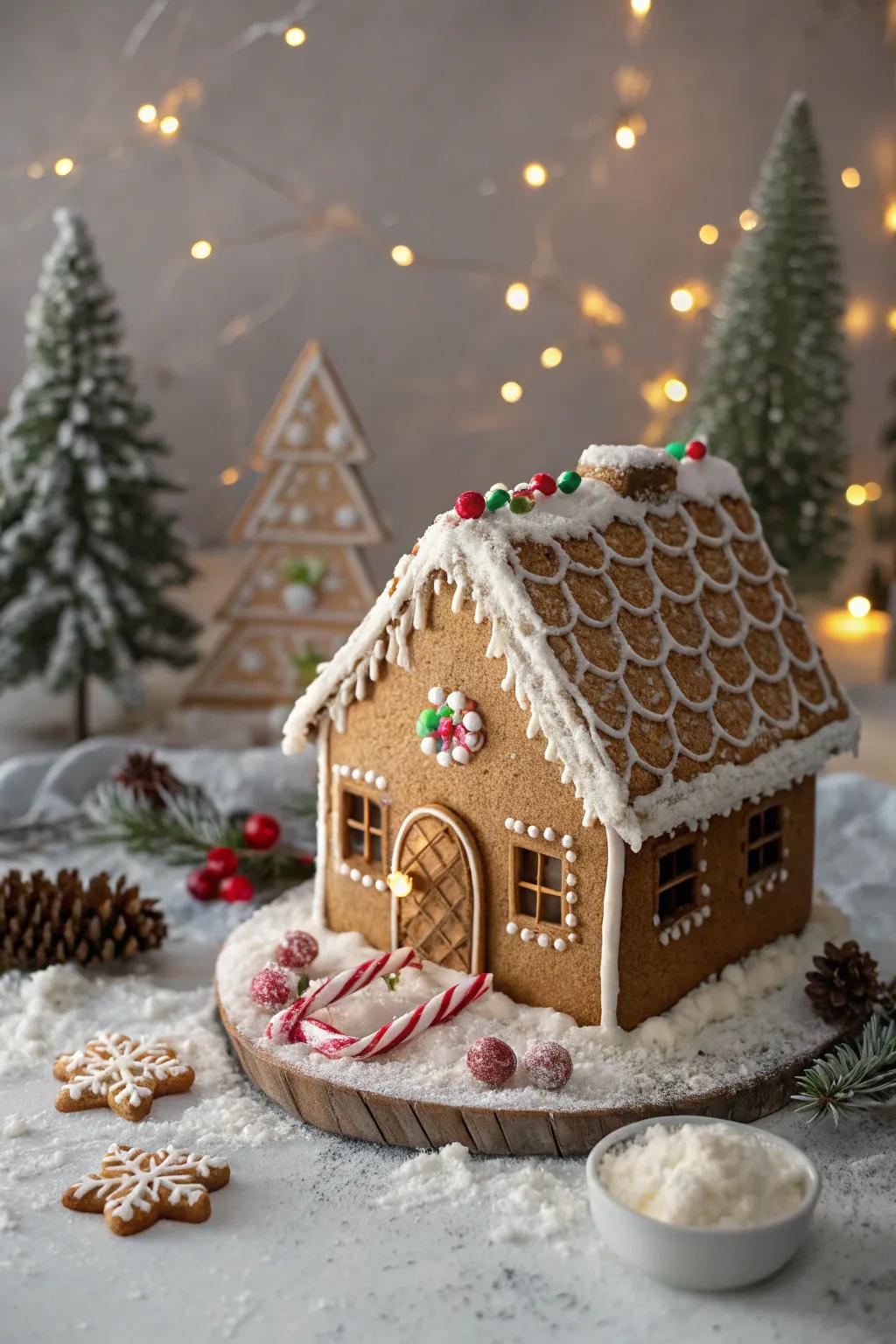 Baked good particle roofs add a rustic and crunchy element to gingerbread houses.