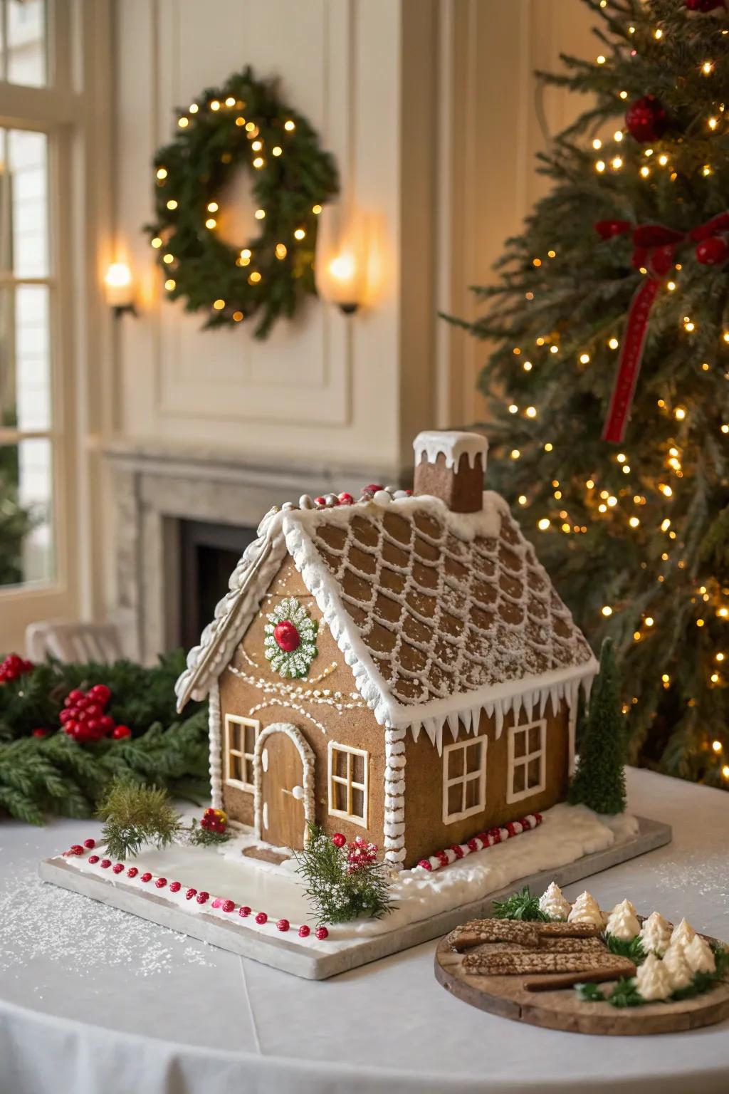 A sugary paste-tiled rooftop atop a gingerbread dwelling.