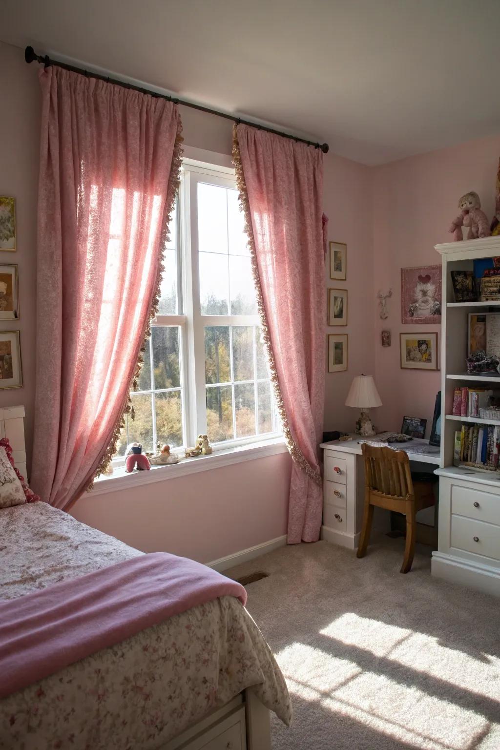 Rose-tinted velvet drapes contribute luxury and warmth.