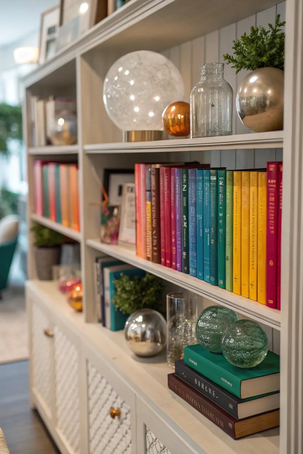 For visual appeal, add reflective spheres to your shelf displays.