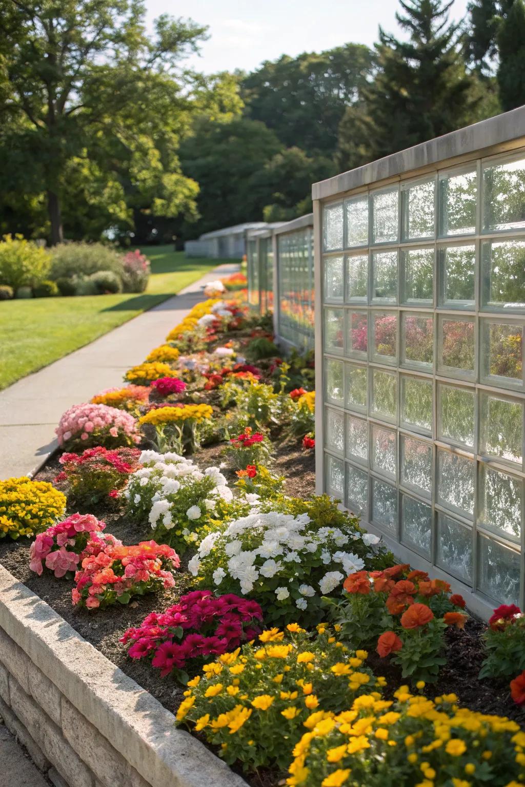 Glass bricks utilized as elegant borders for garden beds.
