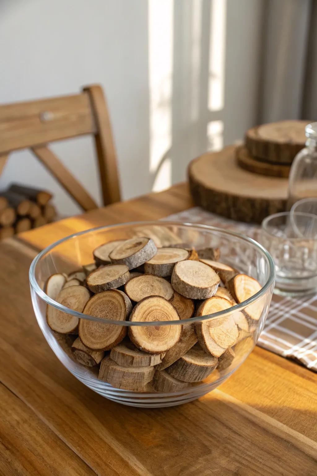 Rustic charm through lumber portions within a glass bowl.