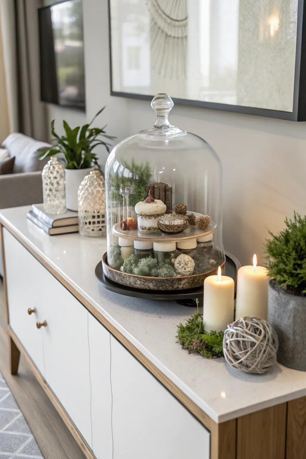Layered items under a glass dome include depth and interest.