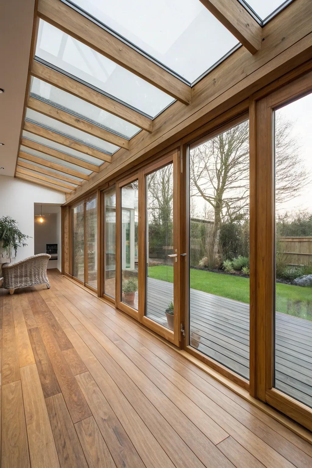 Raw timber elements that instill warmth into a glass extension.