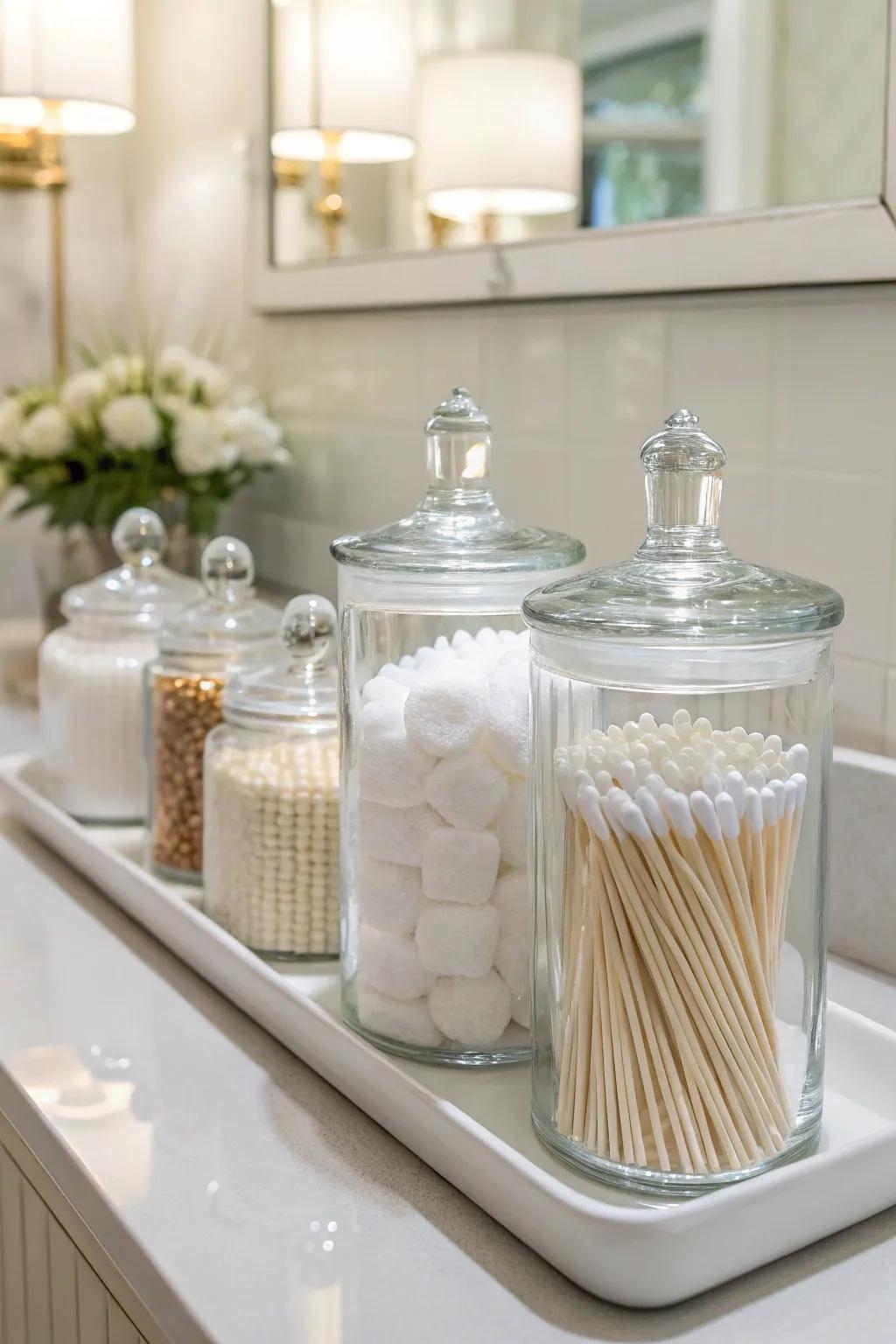 Containers neatly structure and enhance lavatory necessities.