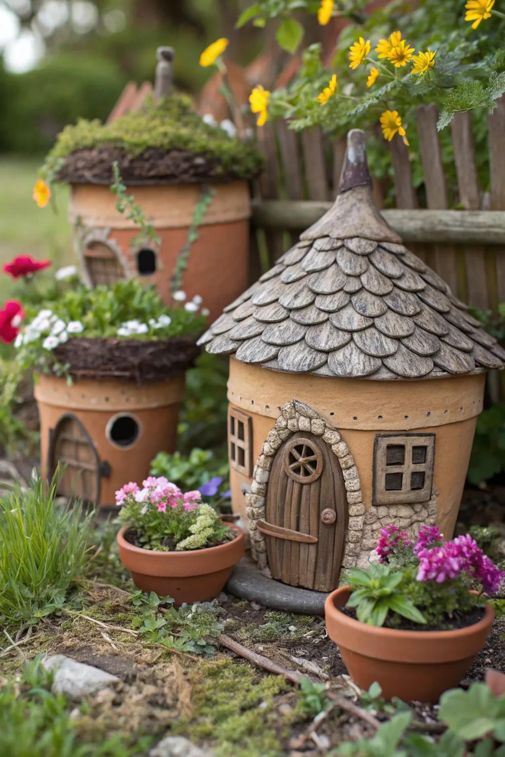 Enchanted plant holders transformed into charming gnome homes.