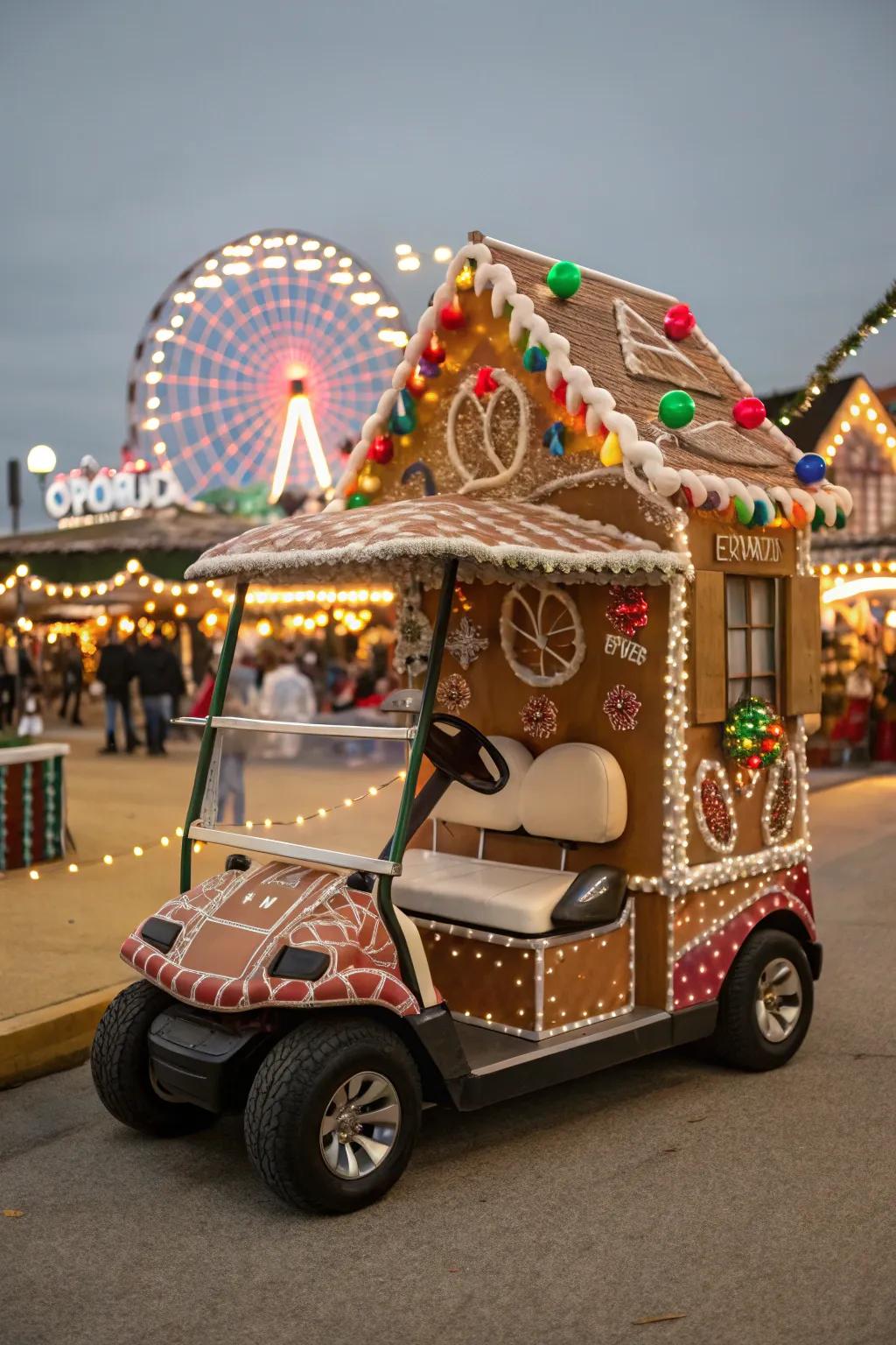 A whimsical gingerbread mansion on wheels.