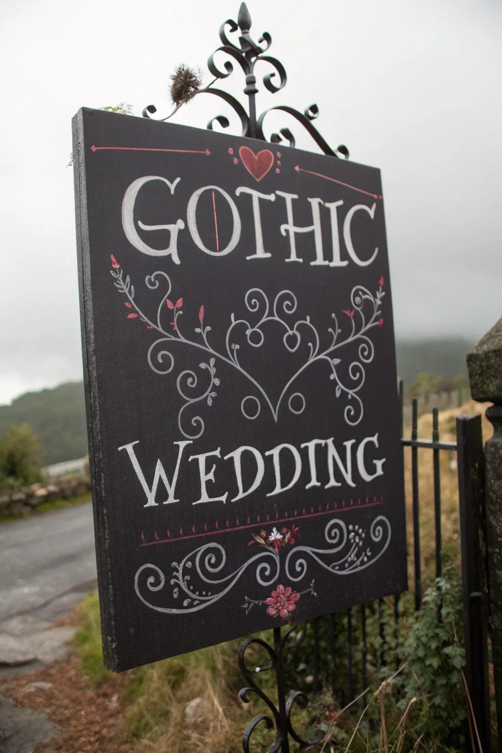 Gothic wedding signage showcasing whimsical quotations.