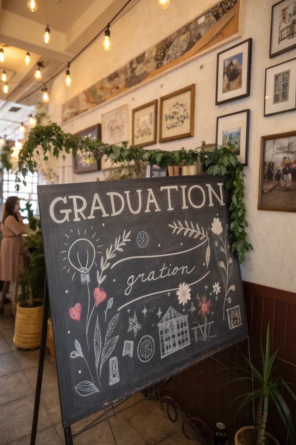 A whimsical chalk art display for a creative graduation celebration.