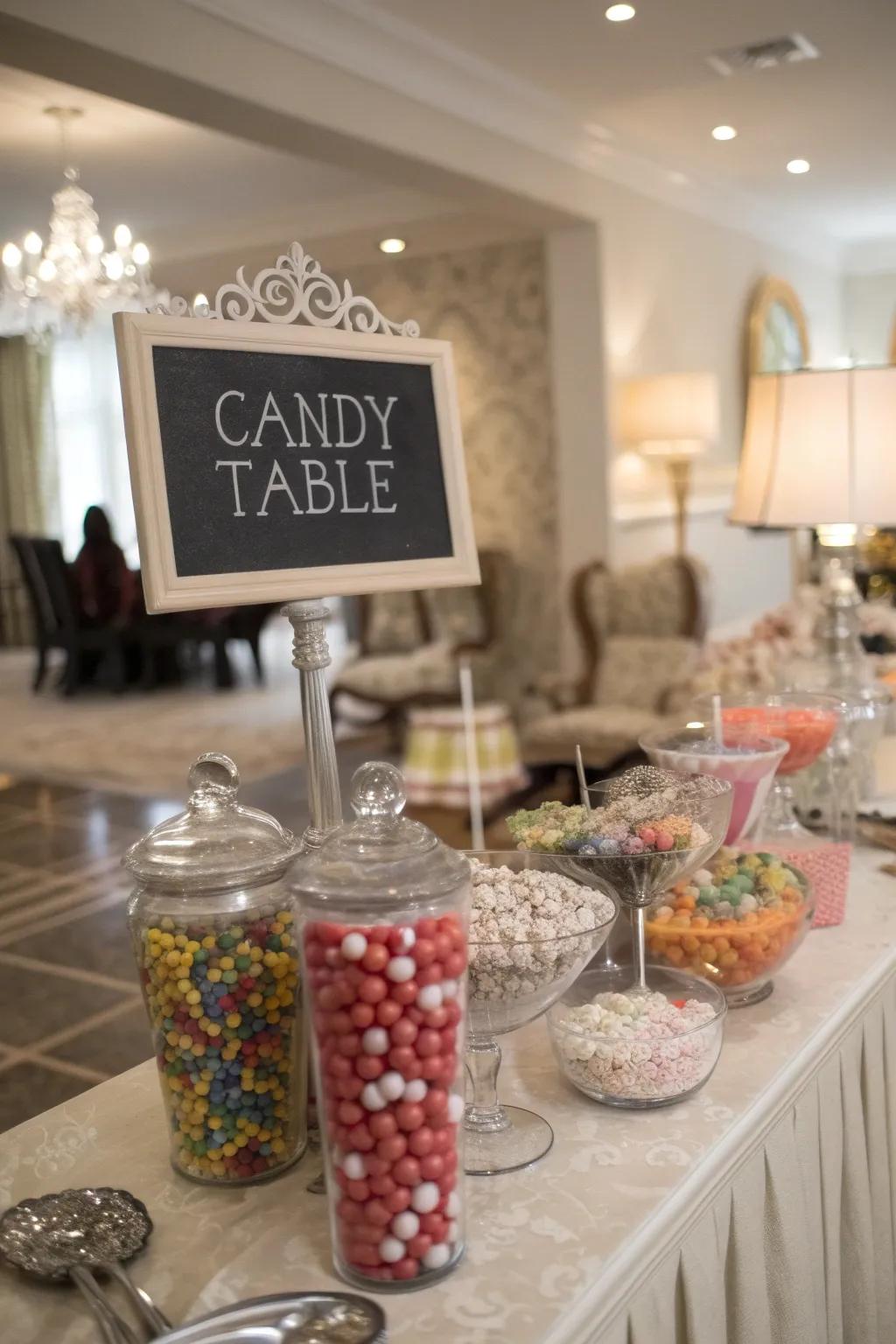 Classic-style blackboard labels add a charming touch to your candy arrangement.