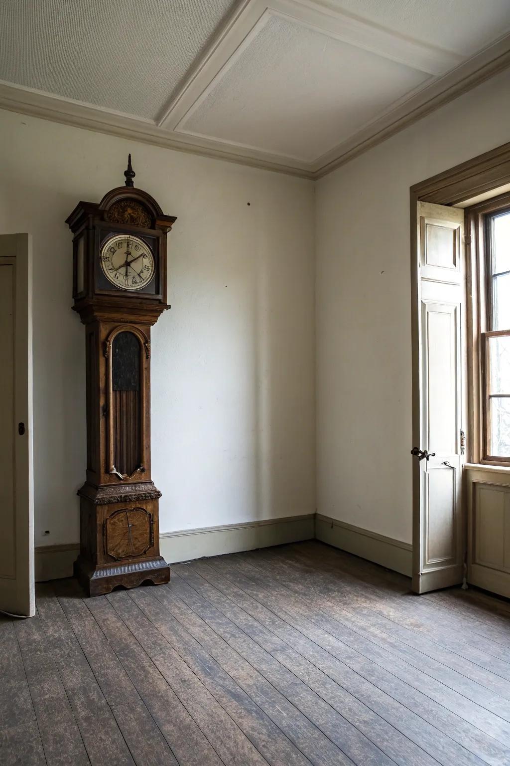 A tall case clock stands out as a statement piece in a minimalist space.