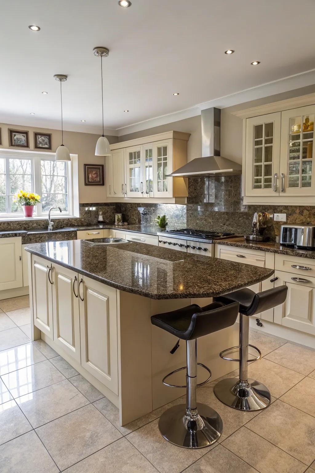 Custom-shaped granite worktops provide a personalized kitchen design.