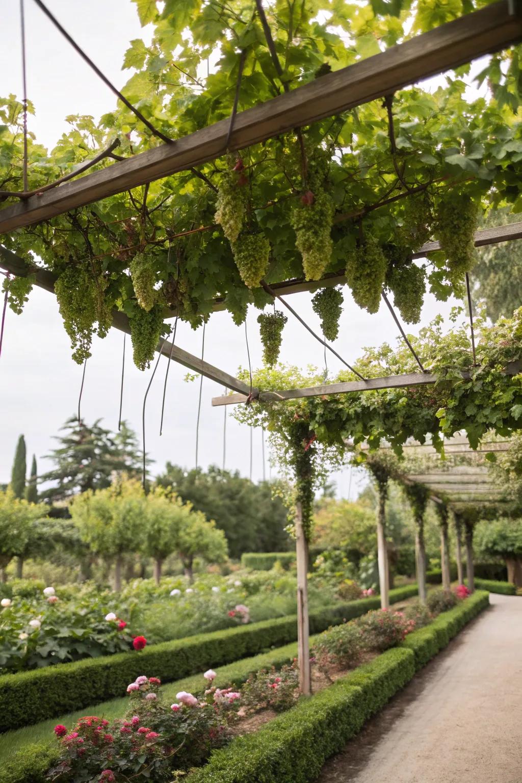 Suspended trellises create a dramatic and whimsical garden feature.