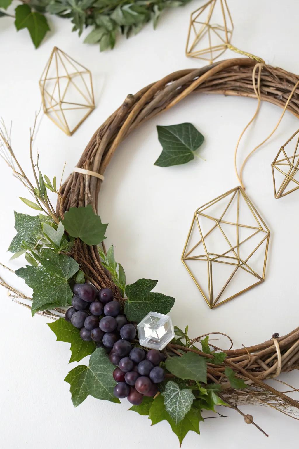A modern minimalist grapevine wreath showcasing geometric accents.