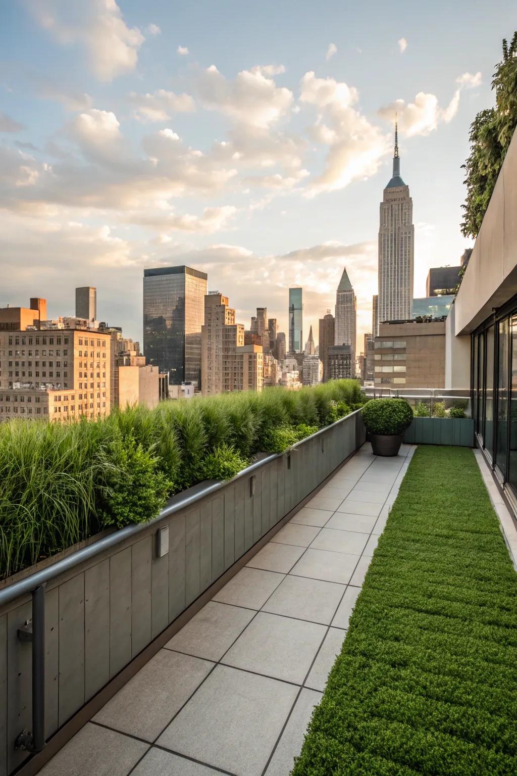 An elevated terrace evolves into a verdant getaway through the accession of a grass wall.