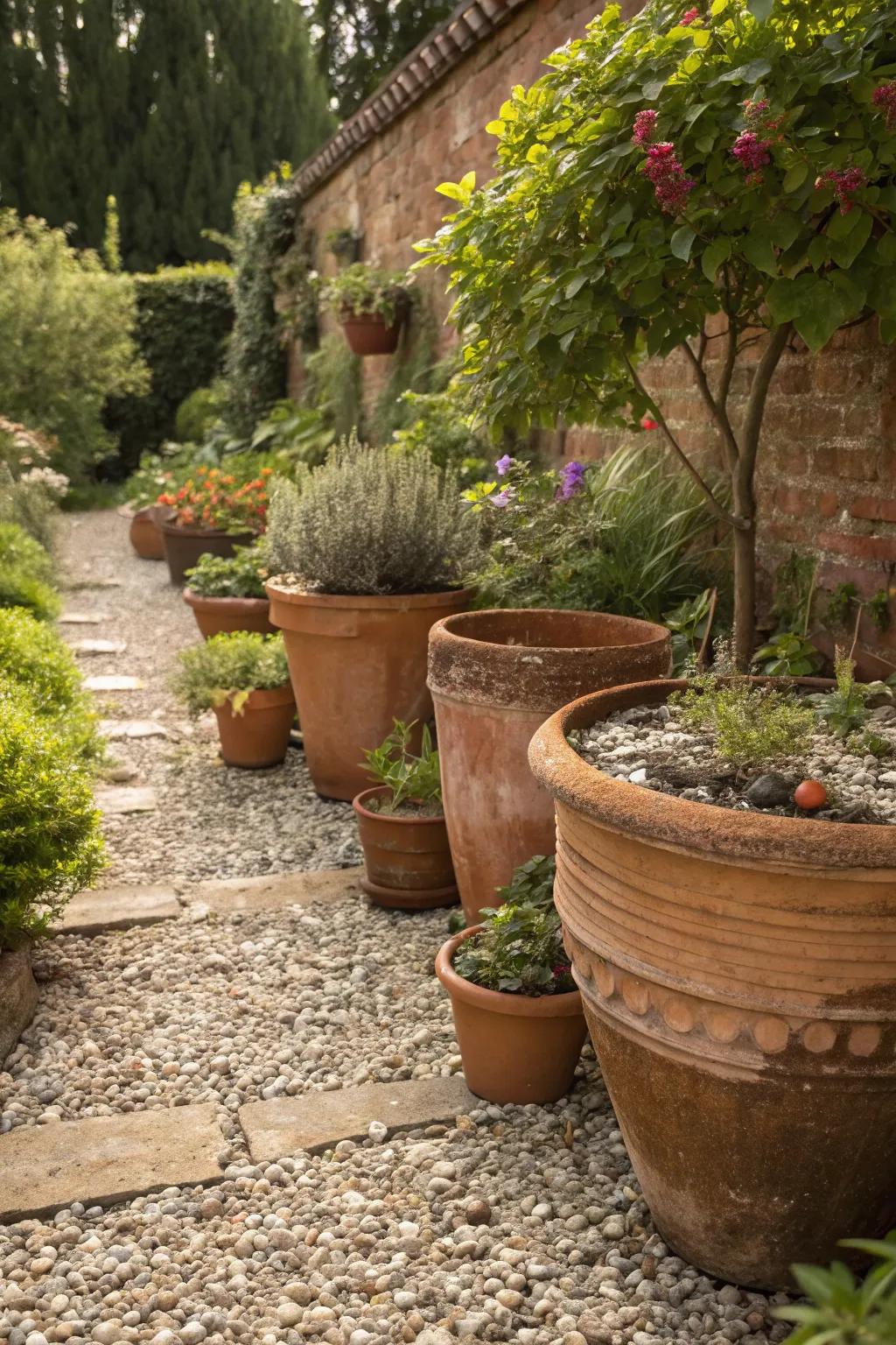 Terracotta containers lend a country charm to the gravel garden.
