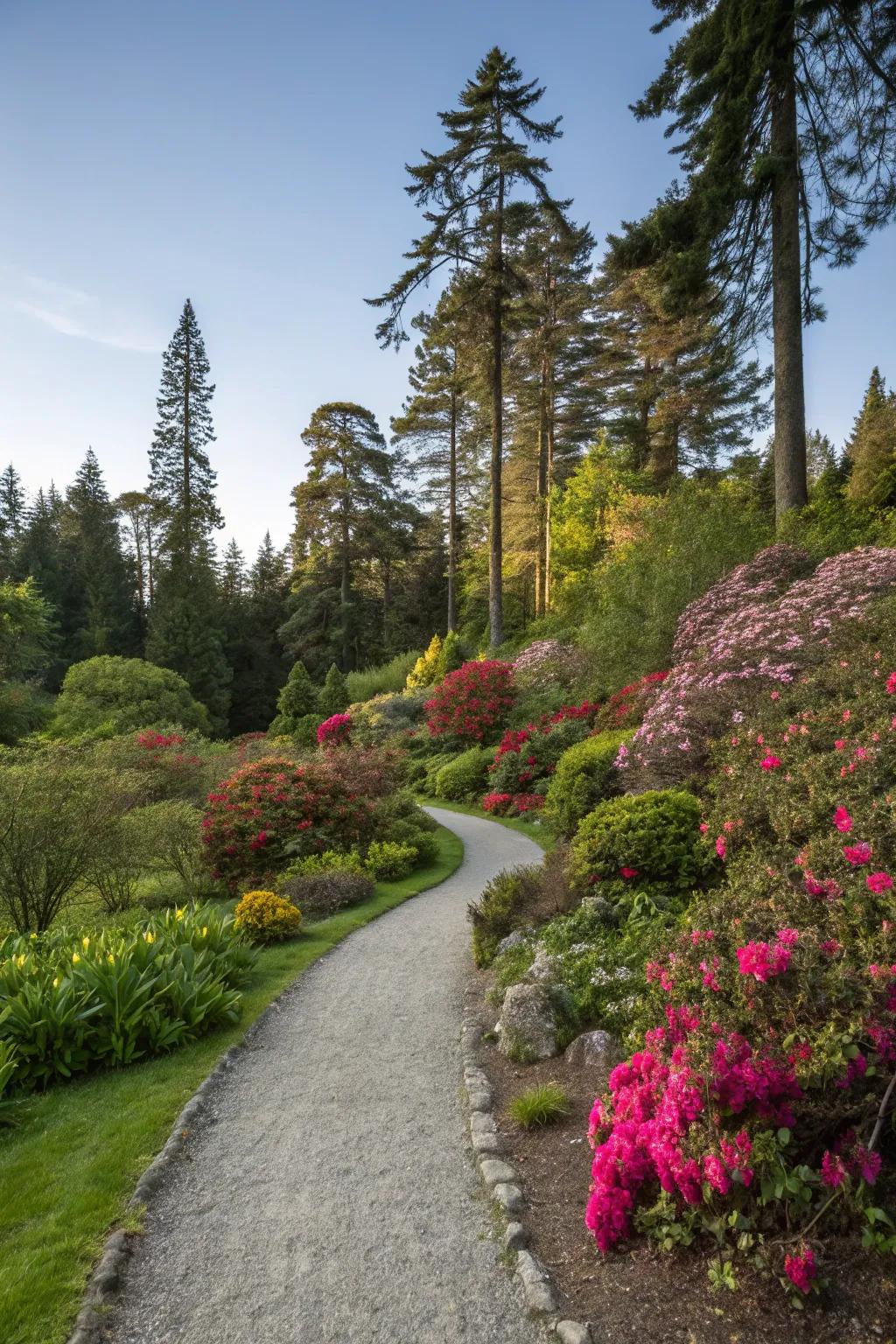 A whimsical crushed stone path twisting through a garden