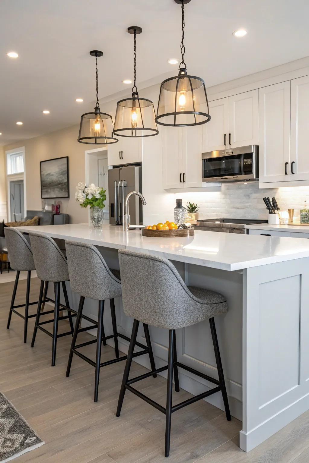 Modern kitchen seats finalize the kitchen's aesthetic.