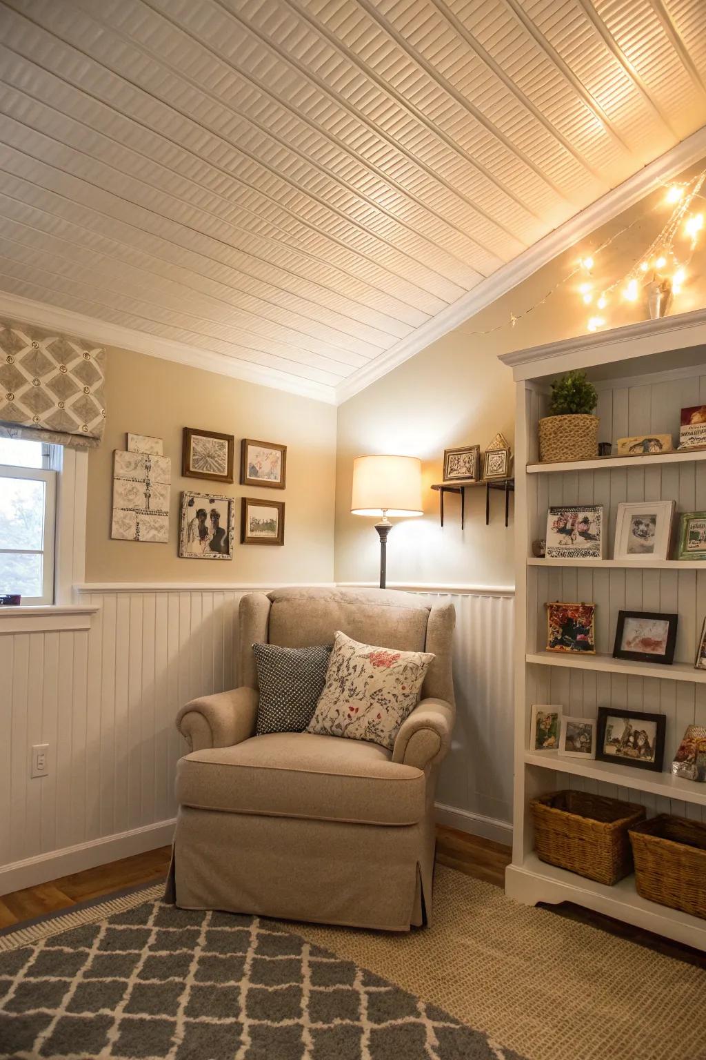 Wood plank ceilings evoke a cozy, cottage-like charm.