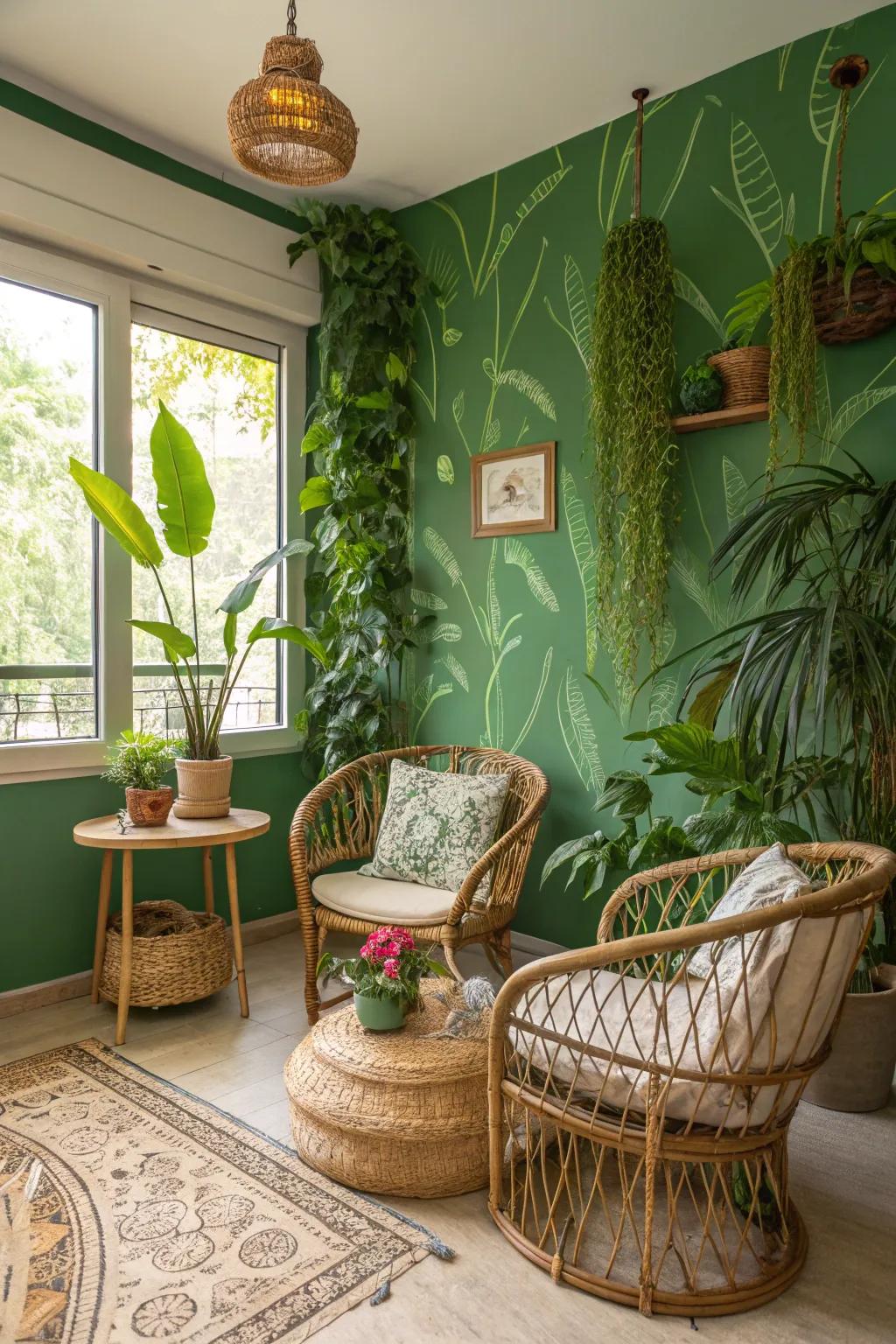 Jungle green walls create an indoor tropical escape.