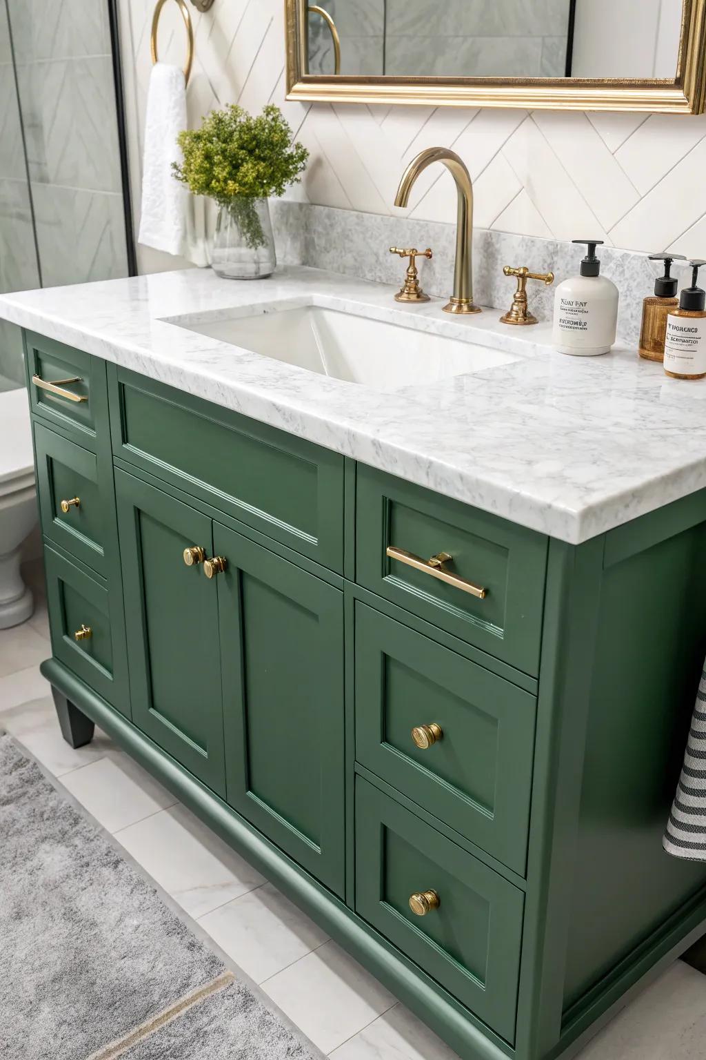 Green console with a contrasting white stone countertop.