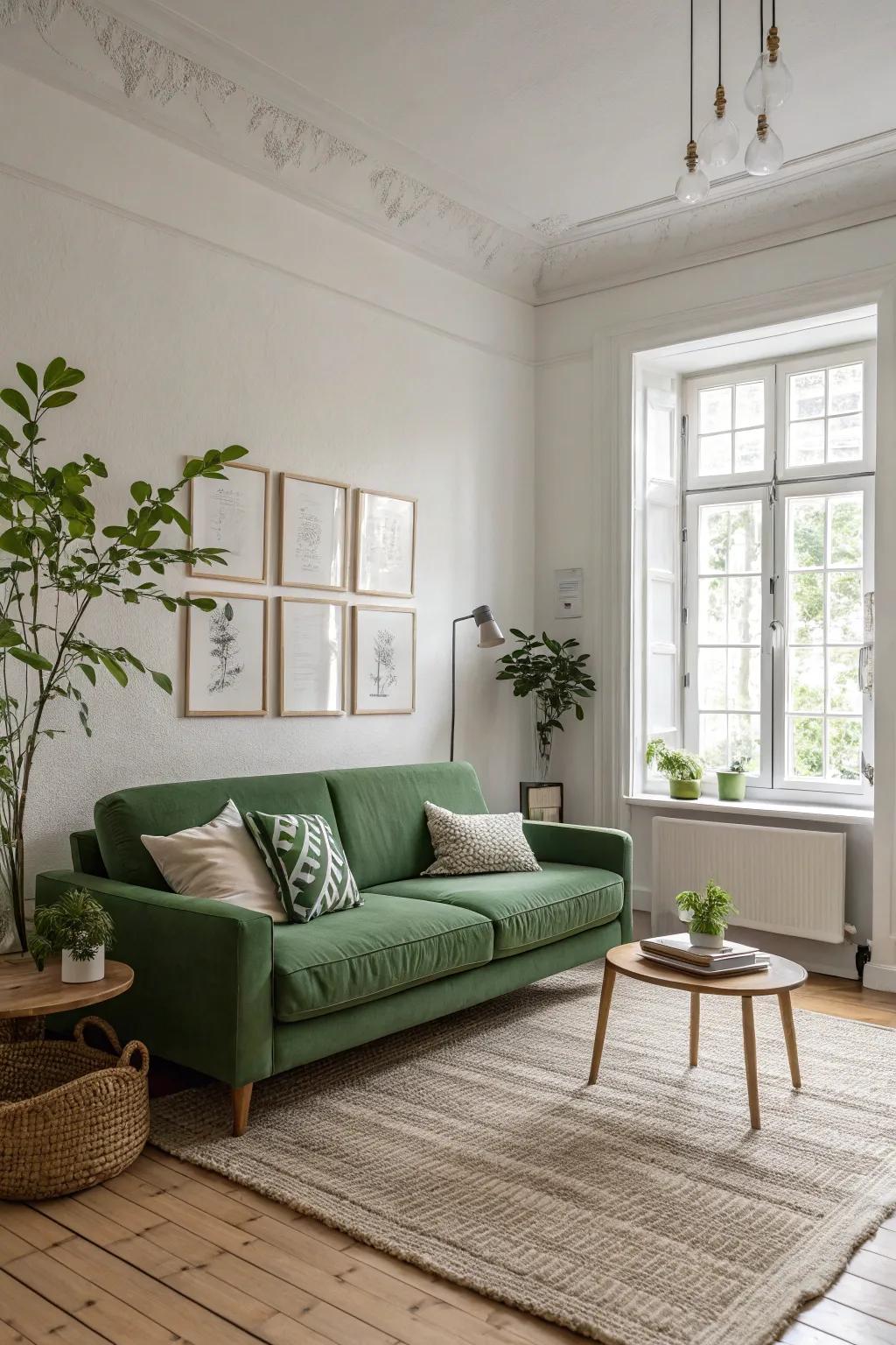 Scandinavian uncomplicatedness enhances the tranquility of a lounge with a green couch.