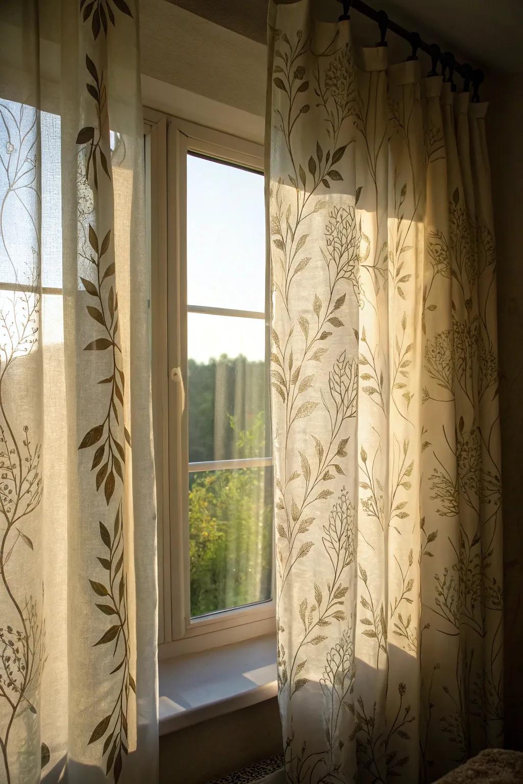 Botanical window coverings contribute a serene botanical element.