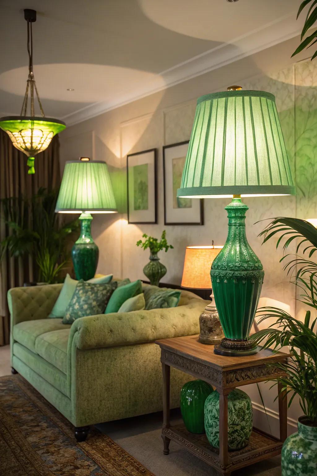 Verdant illumination injects a unique glow to your family room.