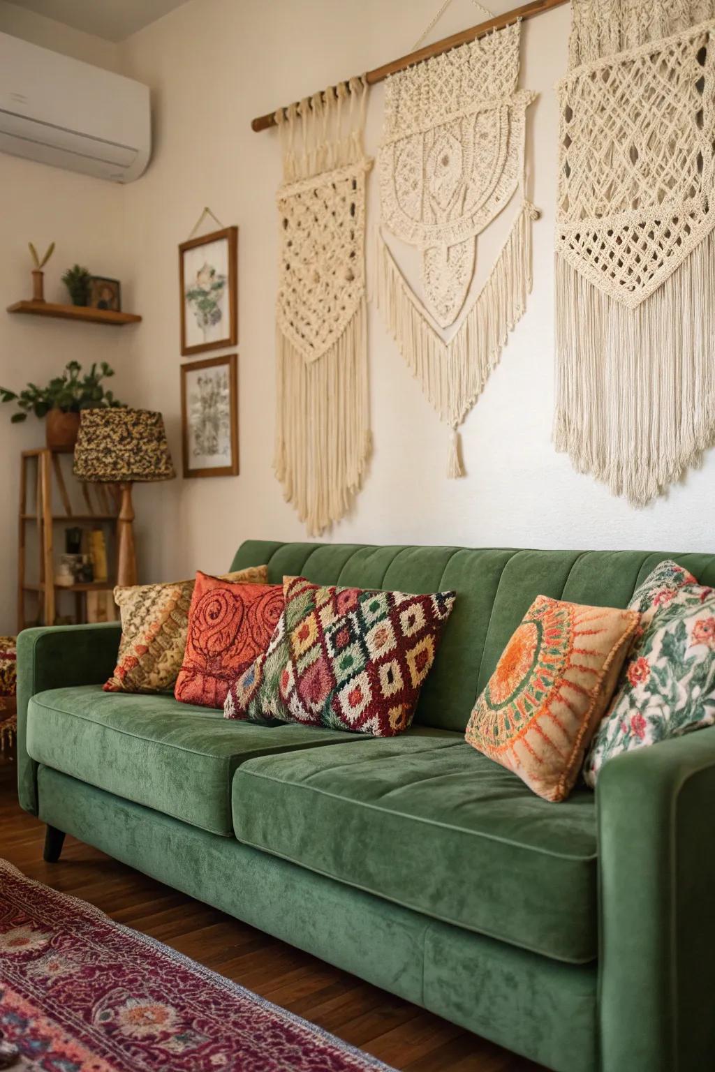 A bohemian family room with a verdant plush settee and diverse embellishments.