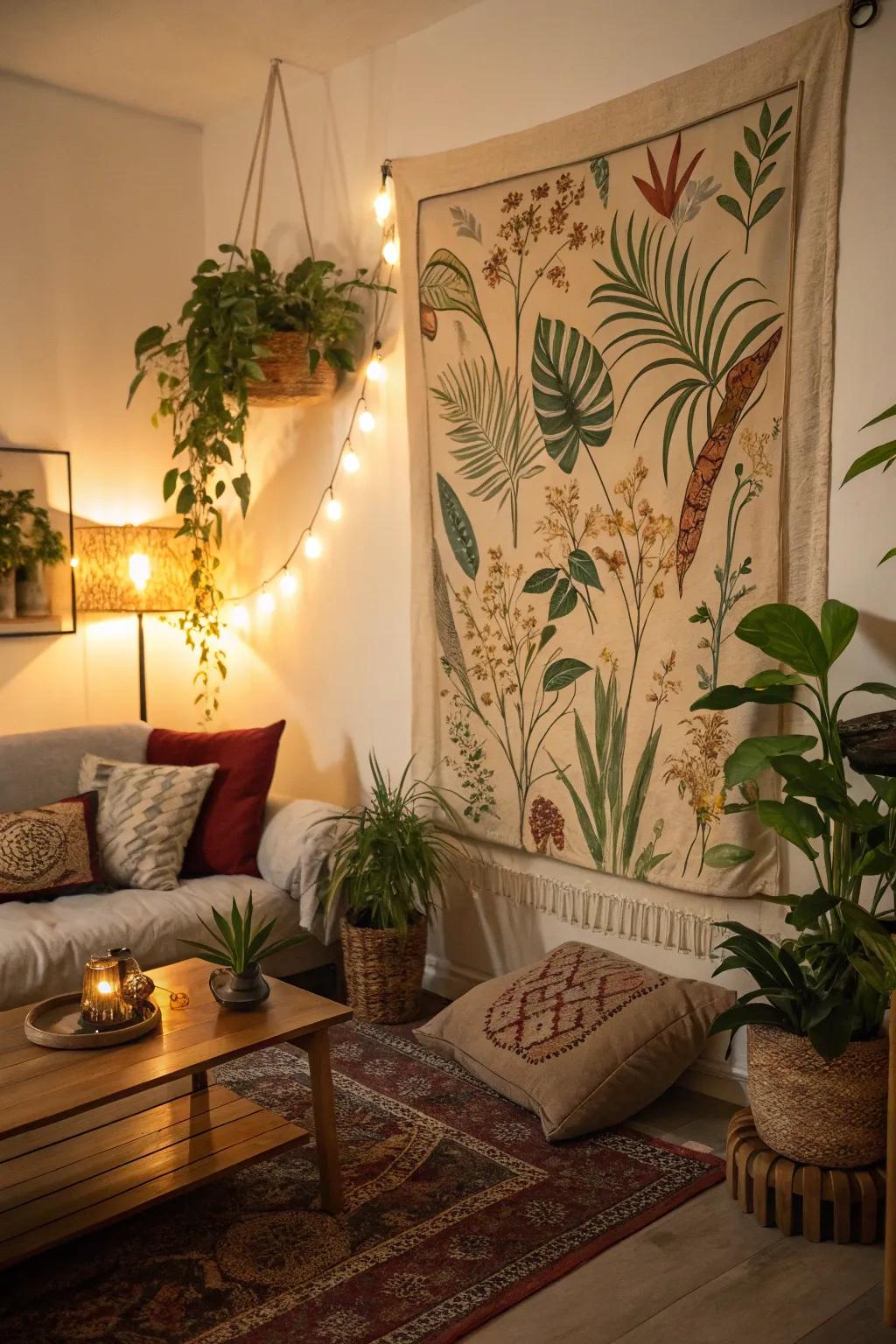 A botanical wall hanging contributes warmth and composition to the area.