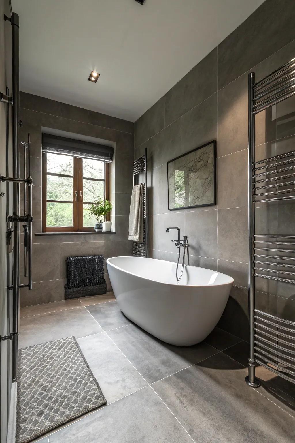A detached tub introduces elegance and luxury to the grey bathroom.