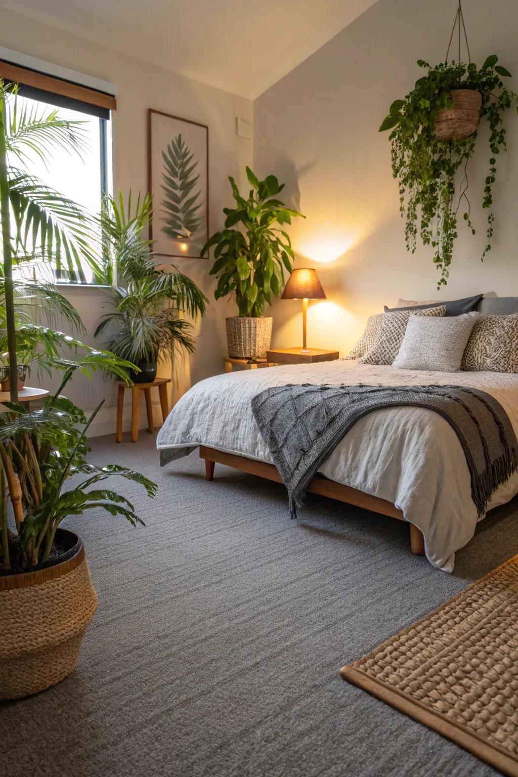 Greenery brings a refreshing element to the grey carpeted bedroom.