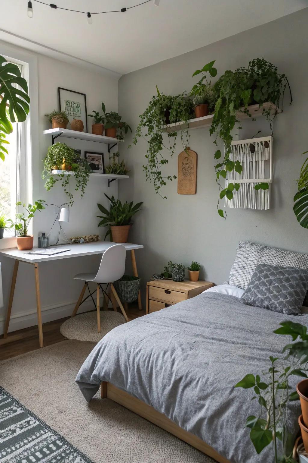 Indoor plants inject vitality and freshness within grey themes.