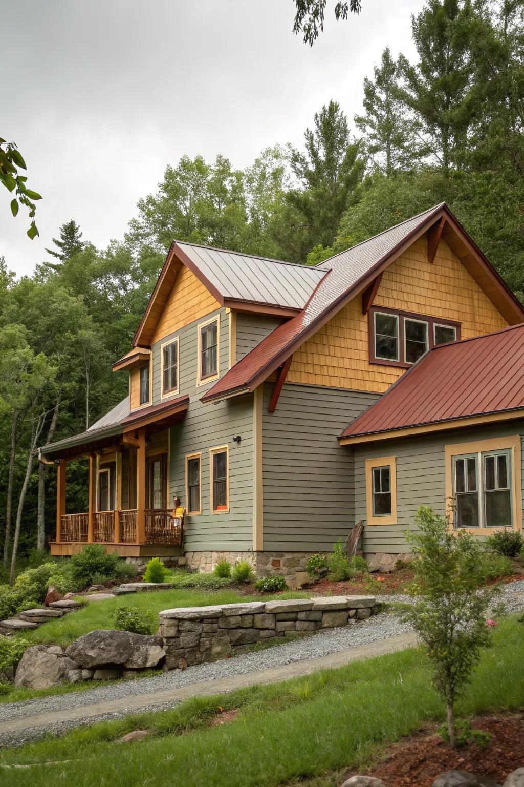 Warm grey with natural earth tones fashions a cozy and welcoming exterior.