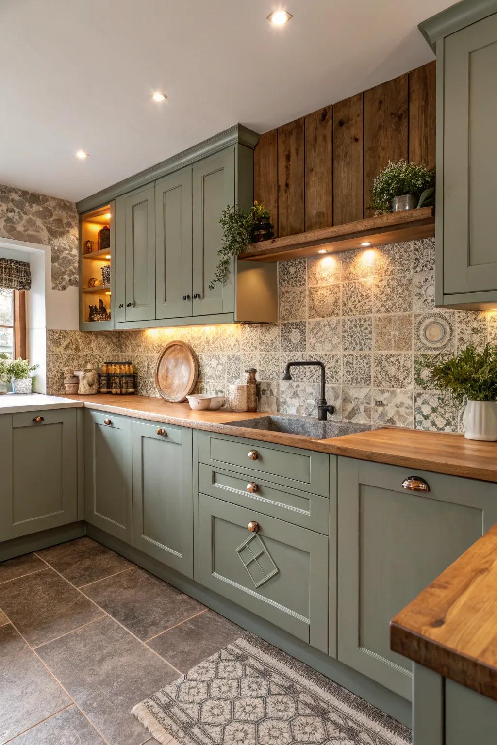 Terrestrial tones fashion a comfortable, welcoming atmosphere alongside grey-green cabinets.