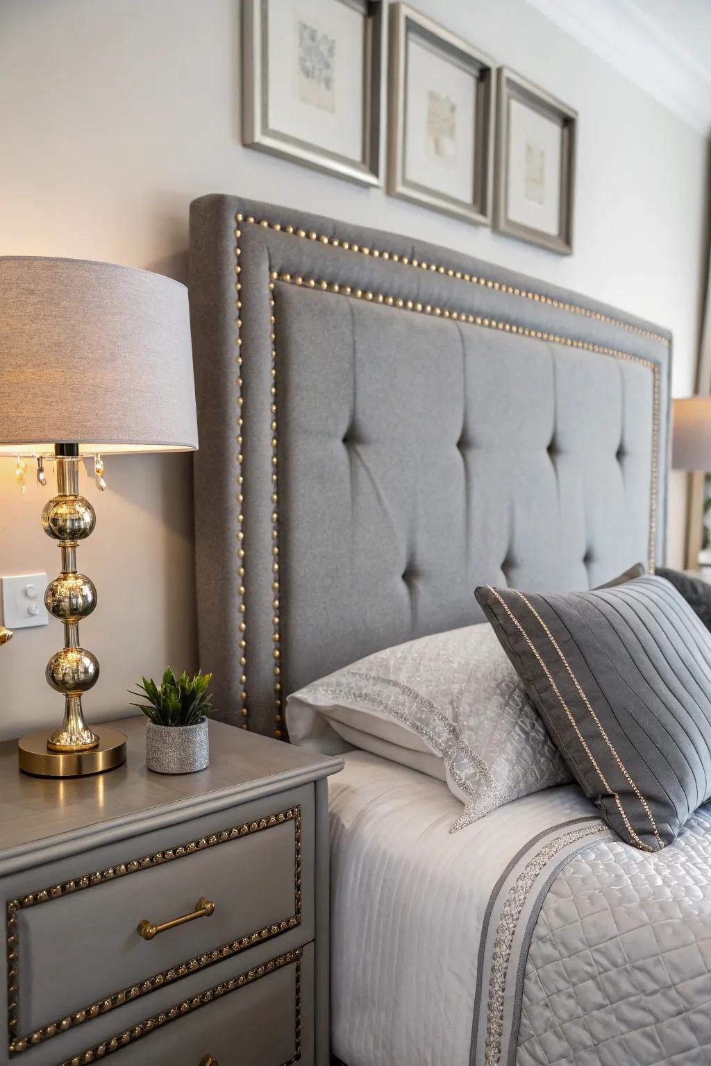 Chic metallic accents bring out the refined tones of a slate-toned headboard.