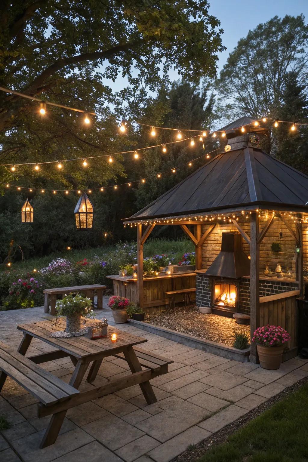 A grill gazebo illuminated with charming string lights and lanterns.