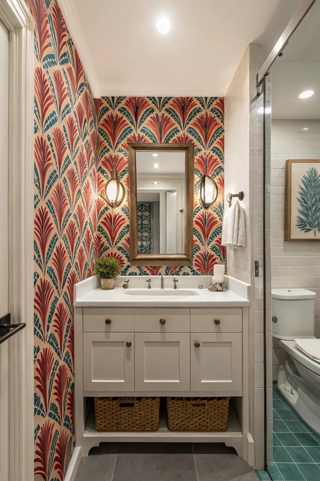 A guest bath with a feature wall showcasing a bold wallpaper design.
