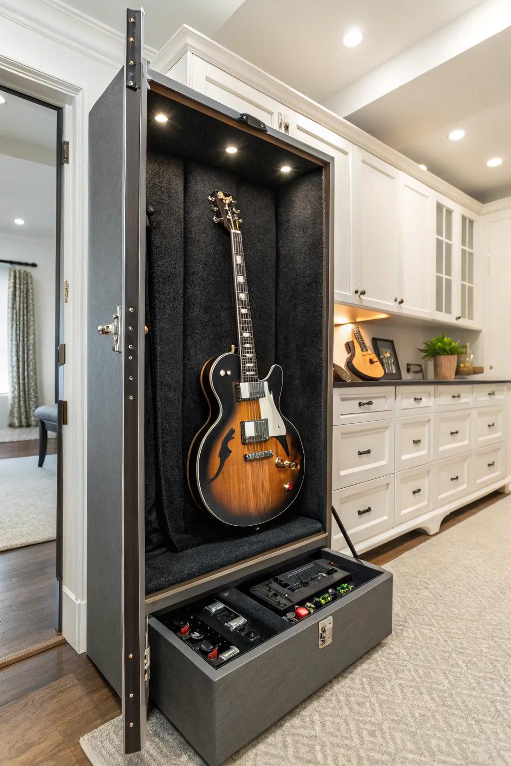 Personalized storage keeps guitars secure and arranged.