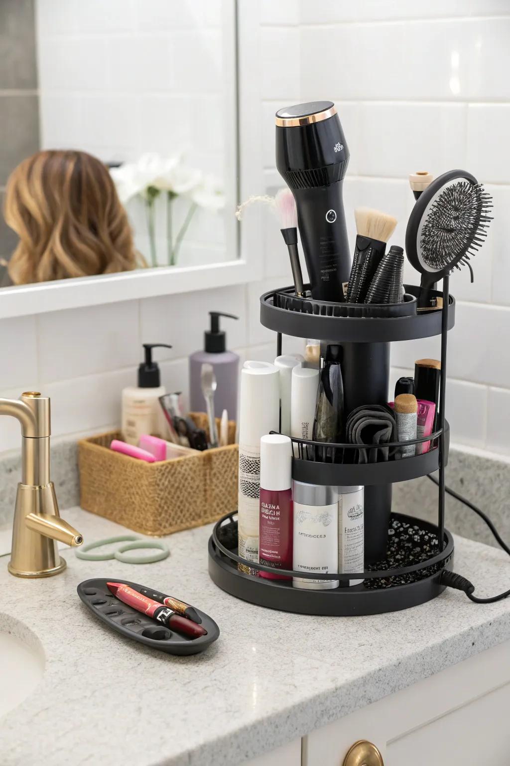 Effective rotating tower facilitating rapid access to styling necessities.